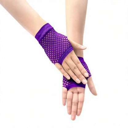 Short Fishnet Gloves for Women Fingerless Mesh Fishing Net Gloves 80s Fish Net Arm Sleeves Halloween Party Cosplay Costume - color: Purple
