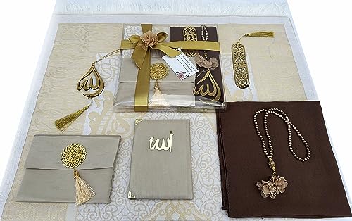 SAIKA Muslim Prayer Rug, 7 in One Gift Set, Prayer Mat Surah Book, Tasbeeh, Scarf, Surah Case, Bookmark, Car Mirror Hanger, Prayer Beads,Islamic Gift for Umrah, Hajj, Wedding, Janamaz (Gold) - color: Gold