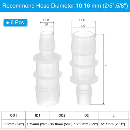 PATIKIL 2/5" to 5/8" 6 Pcs Plastic Hose Barb Fittings, Reducer Tube Fittings Pipe Adapter Union Splicer Joint Kit for Air Gas Water System Liquid Fuel Line Aquarium Tube Pump - size: 2/5"-5/8",(0.79"x2.01")