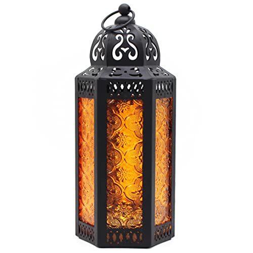 CVHOMEDECO. Decorative Candle Lantern Moroccan Lanterns Vintage Black Metal Lantern Holder for Home Patio Outdoor Decor. Amber Glass, Medium - color: Amber