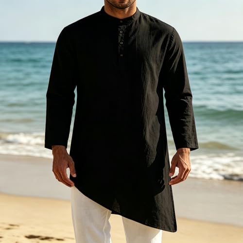 Mens Kaftan Thobe Robe Cotton Linen Long Sleeve Henley Shirt Casual Asymmetric Hem Muslim Kurta Gown Tops - color: Black, size: Medium