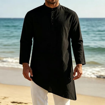 Mens Kaftan Thobe Robe Cotton Linen Long Sleeve Henley Shirt Casual Asymmetric Hem Muslim Kurta Gown Tops - color: Black, size: X-Large