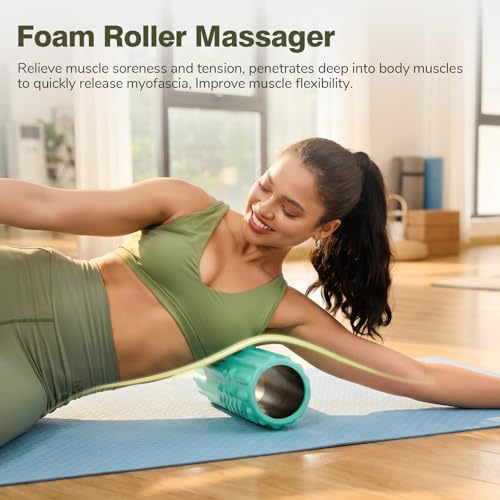 5 in 1 Foam Roller Set - Back Roller Foam, Massage Roller Stick, Massage Ball, Resistance Band for Physical Therapy & Deep Tissue Muscle Massage (Green) - color: Green
