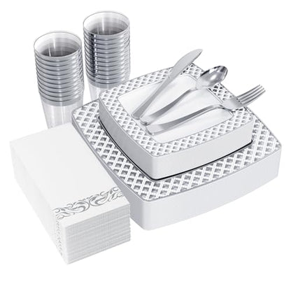 FOCUSLINE 175 Count Silver Dinnerware Set for 25 Guests, Disposable Square Plastic Plates with Diamond Rim, Includes 25 Dinner & Dessert Plates, Napkins, Cups, Cutlery Set for Wedding Parties - color: Silver Diamond Rim Plates
