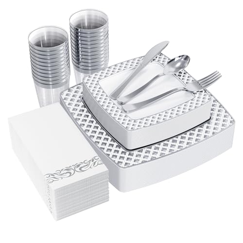 FOCUSLINE 175 Pieces Silver Square Disposable Dinnerware Set for 25 Guests - color: Silver Diamond Rim Plates