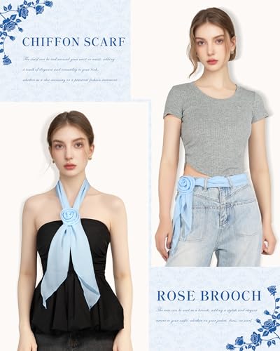Chiffon Scarf for Women, Removable Flower Neck Scarf Light Soft Fashion Rose Scarves Versatile Headband or Hair Band - color: Light Blue