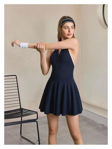 Tennis Dress Hanging Neck Contrast Lapel Sports One Piece Dress Yoga Tank Top Pad Polo Collar Tennis Skirts Gym Suit - size: Large