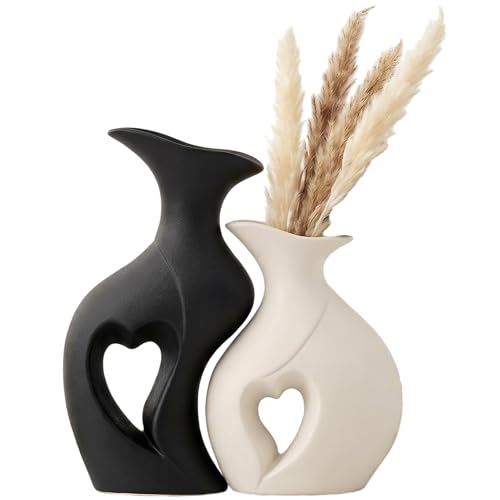 White Flower Vases Set of 2 Modern Boho Ins Style Decorative Flower Vase for Home Decor Living Room Coffee Table Fireplace Bookshelf Shelf Office (Black and White) - color: Black and White