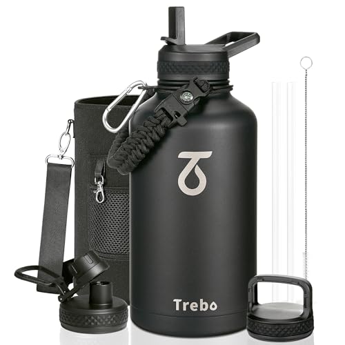 Trebo 64oz Water Bottle,Large Stainless Steel Water Jug with 3 Lids, Triple Wall Vacuum Sports Thermo bottle Keep Hot 24 Hours & Cold 48 Hours,Wide Mouth Flask,Black - color: Black, size: 64 Ounces