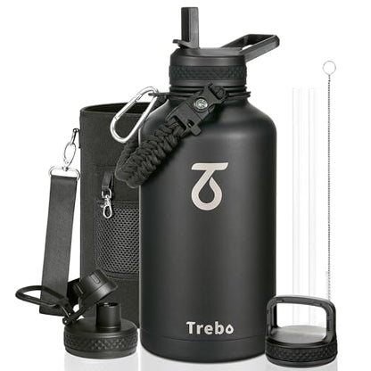 Trebo 64oz Water Bottle,Large Stainless Steel Water Jug with 3 Lids, Triple Wall Vacuum Sports Thermo bottle Keep Hot 24 Hours & Cold 48 Hours,Wide Mouth Flask,Black - color: Black, size: 64 Ounces