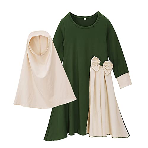 Baby Girls Muslim Clothes Prayer Dress with Hijab Islamic Ramadan Dubai Kaftan Toddler Kids Long Sleeve Bowknot Arabic Abaya - color: Green, size: 6-12 Months