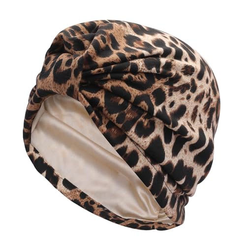 ZLYC Satin Lined Hijab Cap for Women Tie Back Undercap Underscarf Hat - color: Knot Leopard Print