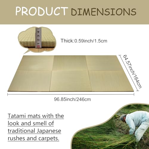 HAGiHARA Japanese Tatami Mat, Patchwork Tatami Floor Mats, 96" x 64" Foldable Square with Non-Slip Design for Bedroom, Crawling and Yoga, Made of Rush Grass, Igusa(Without Edge/6 Picecs) - size: 6pieces