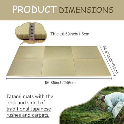 HAGiHARA Japanese Tatami Mat, Patchwork Tatami Floor Mats, 96" x 64" Foldable Square with Non-Slip Design for Bedroom, Crawling and Yoga, Made of Rush Grass, Igusa(Without Edge/6 Picecs) - size: 6pieces