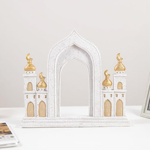 Ramadan Decorations for Home, Islamic Mosque Arch Figurine with Crescent Moon, Eid Mubarak Table Centerpiece, Muslim Home Decor for Ramadan, Eid Al-Fitr, Housewarming Gift,Resin,10.24 x 9.06 Inch