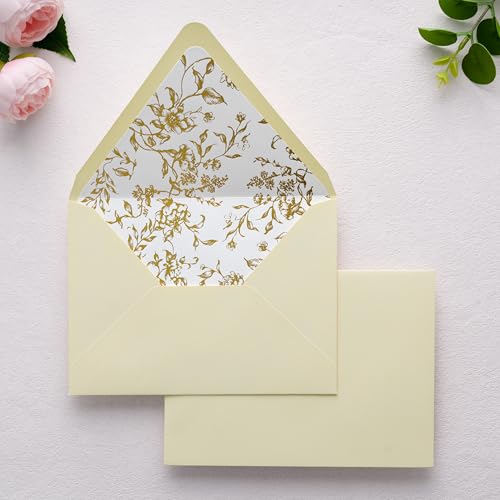 PONATIA A7 Euro Flap Gold Foil Liner Envelopes, Cream 5x7 Envelopes - color: Cream + Goil Foil