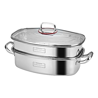 Eglaf 2-Tier Stainless Steel Fish Steamer - Multi-Use Square Steaming Cookware with Rack, Ceramic Plate, Chuck, Oven Mitts - Stockpot for Steaming Fish, Boiling Soup | Multi-Use Steaming with Rack, Ceramic Plate, Chuck, Oven Mitts, Stockpot for Steaming F