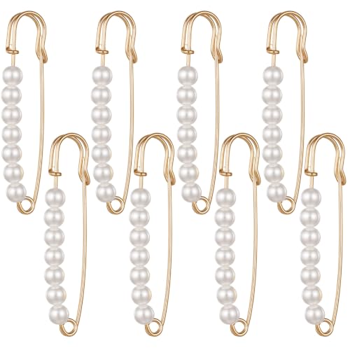 8Pcs Pearl Safety Pins, Pearl Pins for Pants, Decorative Safety Pin Brooches and Pining for Women, Large Safe Pin Bag Charm for Clothes, Scarves, Wedding Accessories