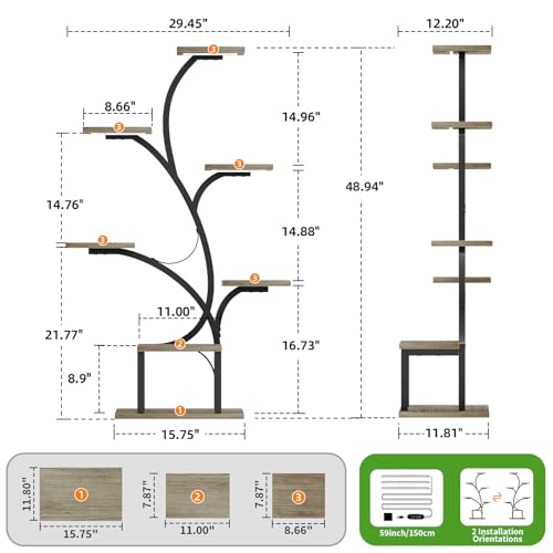 BACEKOLL Plant Stand Indoor with Grow Lights, 7 Tiered Indoor Plant Shelf, 49" Corner Plant Stands for Indoor Plants, Metal Plant Flower Display Shelf, Tree-Shaped Plant Rack for Home, Patio, Grey