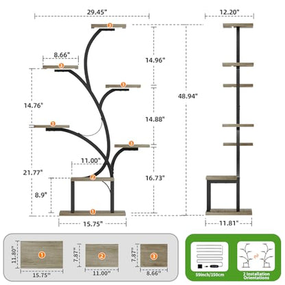 BACEKOLL Plant Stand Indoor with Grow Lights, 7 Tiered Indoor Plant Shelf, 49" Corner Plant Stands for Indoor Plants, Metal Plant Flower Display Shelf, Tree-Shaped Plant Rack for Home, Patio, Grey