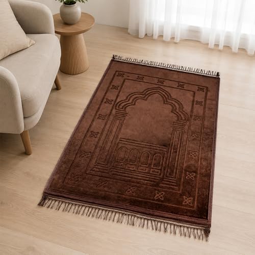 Muslim Prayer Rug Brown Soft Velvet Islamic Sajadah Prayer Mat with Tassels 31.5 x 47.2 in for Home Mosque Travel