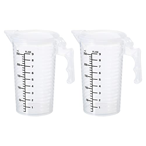 PATIKIL Graduated Beaker, 2 Pack 250ml PP Plastic Liquid Measuring Cup Double Sided Black Graduations with Handle Lid and Spout for Lab Kitchen Home - size: 250ml
