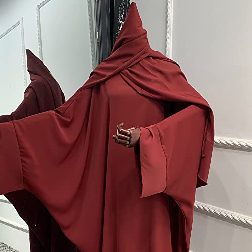 Muslim Dress for Women Pakistani Kaftan Abaya Robe + Hijab Arabic Islamic Prayer Clothes Dubai Outfits - color: Dark Red Set