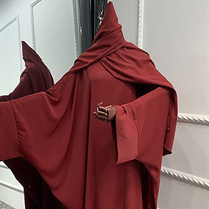 Muslim Dress for Women Pakistani Kaftan Abaya Robe + Hijab Arabic Islamic Prayer Clothes Dubai Outfits - color: Dark Red Set
