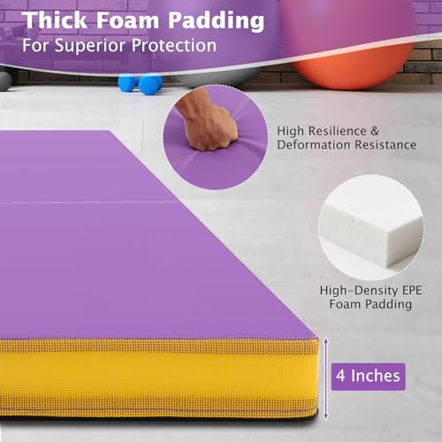Giantex 4" Thick Folding Gymnastics Mat, 4' x 4' Bio-Folding Exercise Mat with Carry Handles & PU Leather Cover, Gym Home Tumbling Mat for Kids, Yoga, Fitness, Pilates & Martial Arts - color: Purple