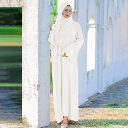 Prayer Clothes for Muslim Women Long Sleeve One-Piece Islamic Prayer Dress O Neck Slim Fit Islamic Evening Gown - color: White, size: XX-Large