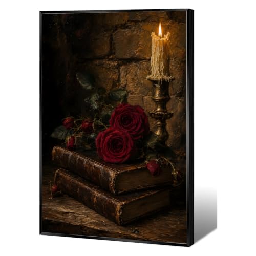 Dark Moody Red Rose Vintage Book Canvas Wall Print Melted Candle Brass Candlestick Stone Wall Dark Academia Floral Still Life Wall Decor - color: Nature15, size: 8x12in Black Framed