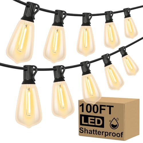 Brightever 100FT Outdoor String Lights 52 Bulbs, 2200K Amber Lights - color: Black Wire Amber White, size: 100FT