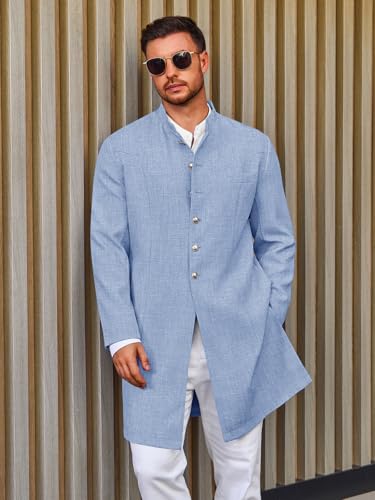 Runcati Mens Kurta Coats Indian Mandarin Collar Attire Ethnic Outfits Wedding Festive Party Clothing Casual Kaftan Robe - color: Light Blue, size: Medium