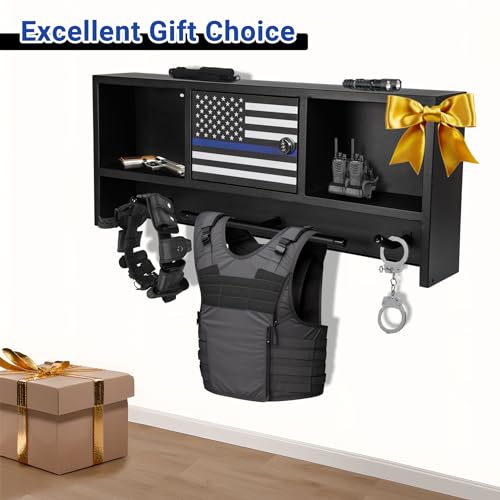 Neoaider Police Gear Rack, Police Hanger with Hooks | Tactical Duty Gear Rack Decor with Thin Blue Line Flag, Black Body Armor Stand for Police Gift - size: Wall Mounted w/Combination Lock