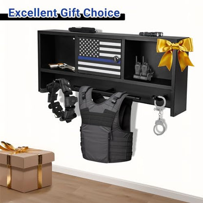 Neoaider Police Gear Rack, Police Hanger with Hooks | Tactical Duty Gear Rack Decor with Thin Blue Line Flag, Black Body Armor Stand for Police Gift - size: Wall Mounted w/Combination Lock