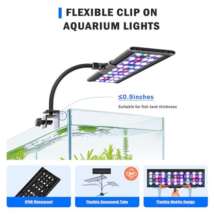 AQQA Clip On Aquarium Light, 24/7 & DIY Mode Full Spectrum Fish Tank Light | Adjustable Timer & Brightness, Memory Function, IP68 Waterproof LED Aquarium Plant Light, Fits 16–24 Inch Tanks