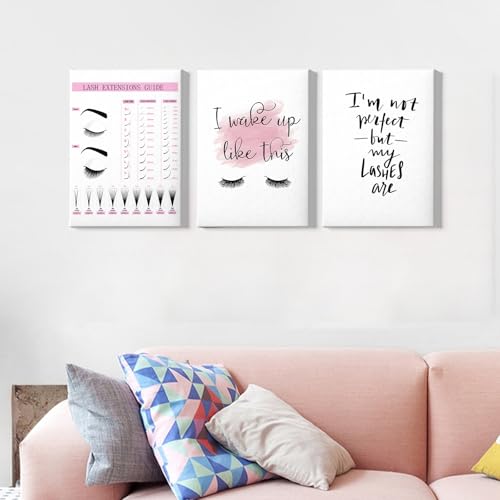Makeup Wall Art Canvas Fashion Art Eyelash Pictures Eyelash Extension Guide Poster Beauty Salon Wall Art Pink Black and White Painting Lashes Picture for Bathroom Living Room 16x24inchx3 with Framed - color: Beauty Salon Wall Art Framed, size: 16"L x 24"W