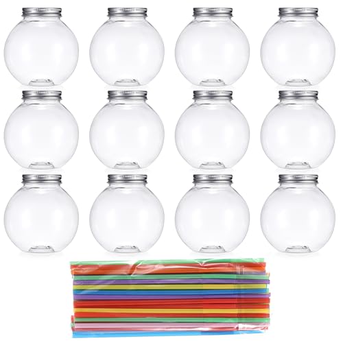 12 Packs Plastic Ivy Bowls Clear Fish Bowls with Lid and Straws, 16.9 oz Ball Shape Clear Drink Bowl Summer Drink Cups, Spherical Bulb Cups for Candy, Party Favors,Drinks