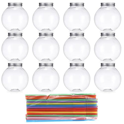 12 Packs Plastic Ivy Bowls Clear Fish Bowls with Lid and Straws, 16.9 oz Ball Shape Clear Drink Bowl Summer Drink Cups, Spherical Bulb Cups for Candy, Party Favors,Drinks