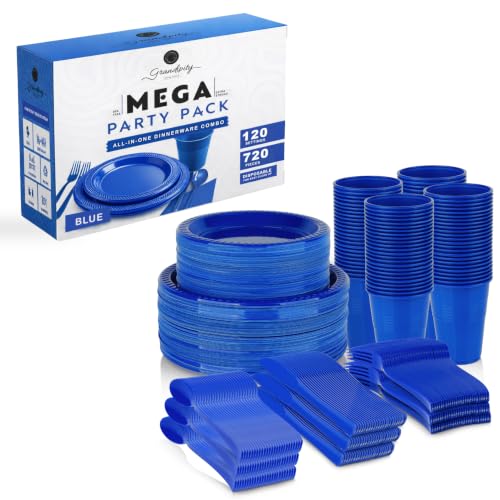 Grandipity Disposable Plastic Dinnerware Sets for Parties (720 pcs) - color: Blue, size: 120 Guests (720 PCS)
