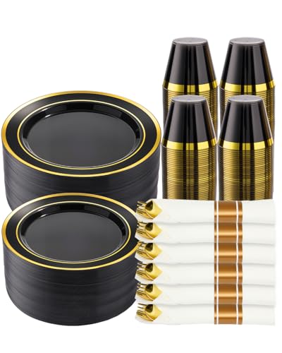 realluck 700 PCS Black Plastic Dinnerware Set for 100 Guests, 200 Disposable Plates for Party, 100 Pre Rolled Napkins with Gold Silverware, 100 Cups for Graduation - color: Black, size: 100 guests