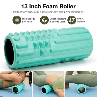 5 in 1 Foam Roller Set - Back Roller Foam, Massage Roller Stick, Massage Ball, Resistance Band for Physical Therapy & Deep Tissue Muscle Massage (Green) - color: Green