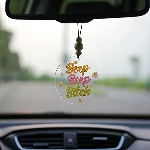 Talataca Beep Beep 2D Flat Car Ornament & Wood Beads, Funny Quote Beaded Rear View Mirror Accessories, Rearview Hanging Charm, Christmas Tree Decor - color: 23