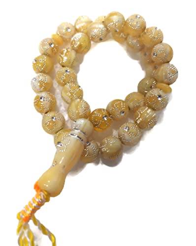 Muslim Tasbih 33 Prayer Bead Rosary AMN-312 Islam Praying Misbaha Beautiful Design 10 mm. Islamic Religion Subha Sibha Eid Ramadan Gift (Beige) - color: Beige