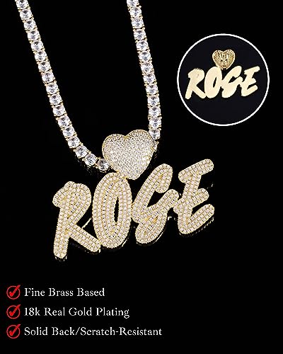 Lulu Mel Iced Out Personalized Cursive Name Necklace For Trendy Women, Custom Handmade Nameplate Pendant With Cuban Link Chain, White Gold Plated Hip Hop CZ Diamond Jewelry Gifts - color: Gold/Heart Hook
