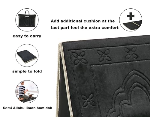 Prayer Rug with Back Support, Foldable Meditation Floor Chair (Black) | Carrying Pocket, Thick Padded Islam Janamaz for Women and Men, Soft Foldable Travel Islamic Sajadah Carpet - color: Black