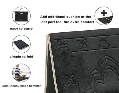 Prayer Rug with Back Support, Foldable Meditation Floor Chair (Black) | Carrying Pocket, Thick Padded Islam Janamaz for Women and Men, Soft Foldable Travel Islamic Sajadah Carpet - color: Black