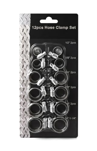 12-Pack 304 Stainless Steel Adjustable Worm Gear Hose Clamps Assortment Kit – Rust-Resistant Pipe & Duct Clamps (6 Sizes)