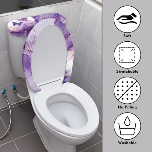 Purple Marble Butterfly Toilet Lid Dust Cover & Toilet Tank Lid Cover 2PC Elastic Edge Machine Washable Fits Most Toilet Lids Home Decor - color: Purple Marble Butterfly