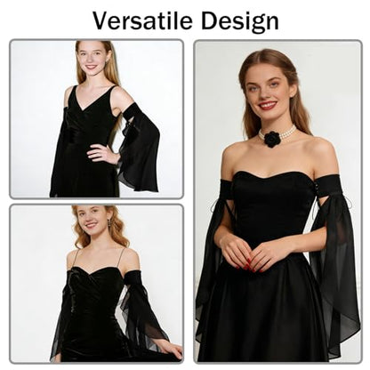 Long Tulle Bell Sleeves for Women, Women's Victorian Long Tulle Gloves with Adjustable Tie Strings - color: Black
